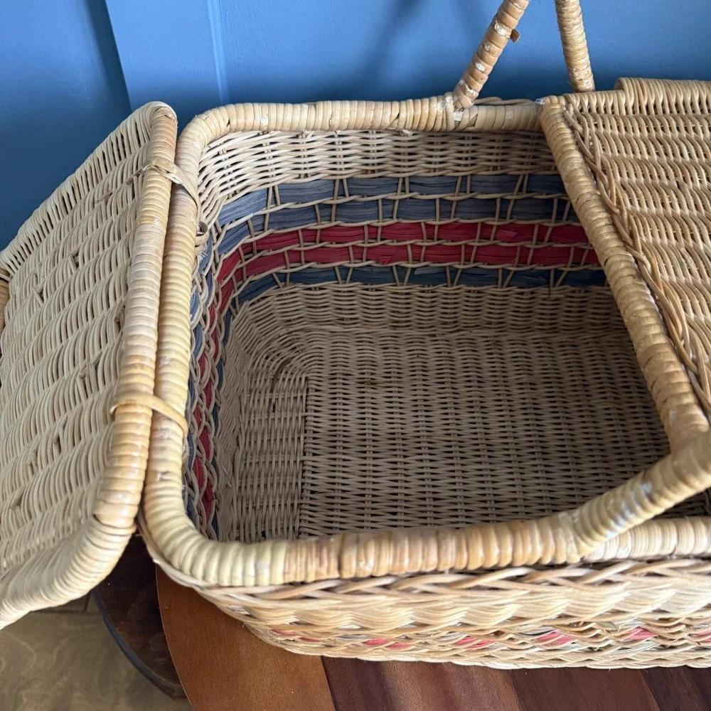 Vintage Wicker Picnic Market Basket Double Lid Terracotta Sage Large